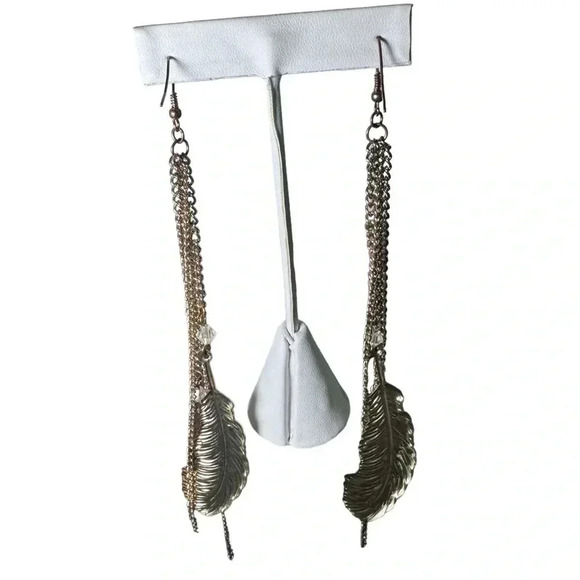 NWT 5.5” Dangle Drop Feather Two-tones Gold Earrings Long Boho Festival - Picture 5 of 6